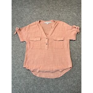 Hyfve Blouse Womens Small Pink Textured Tie Front Short Sleeve V Neck Top